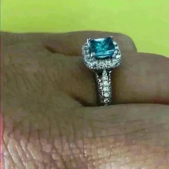 Princess Cut Fancy Blue Diamond Engagement Ring - Picture 2 of 6